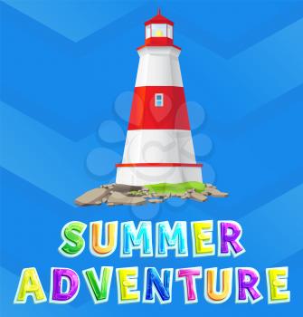Summer adventures and tourism poster. Nautical cruise and sea story travelling advertising placard with lighthouse lantern illuminating path of ships, water travel marine banner on blue background