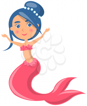 Beautiful mermaid on white background. Girl with fish tail and blue hair. Water nymph, cute nixie. Cartoon nautical character lives in ocean. Sea dweller, seamaid fairy woman. Underwater animal life