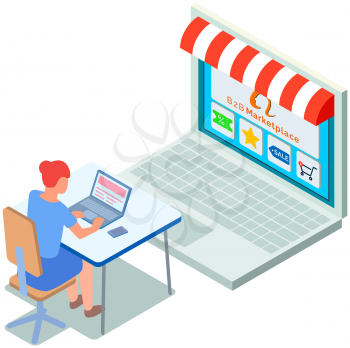 B2b marketplace, online shop, choosing products at website, discount, special price, sale, shopping cart. Woman with laptop is spending money in e-store. Lady is shopping online with computer