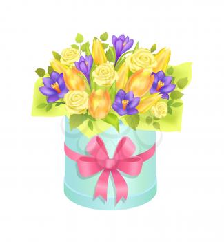 Big cute bunch with varied flowers colorful poster, vector illustration isolated on white backdrop, pink bow, mix of beautiful irises tulips and roses
