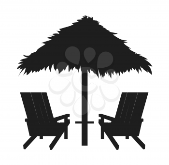 Loungers with straw umbrella, abstract silhouette, black and white banner, pair of loungers for summer resort, vector illustration, leisure place
