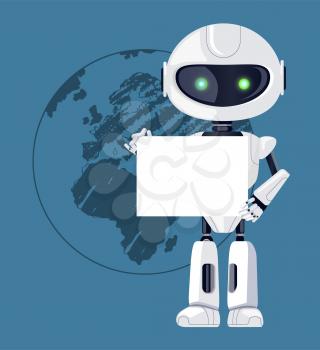 Robot with sheet of paper, and green glowing eyes, white robotic creature and planet Earth image, vector illustration isolated on blue background