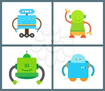 Artificial creatures collection robots with wheels and long hands green and blue robots set, friendly vector illustration isolated on white background