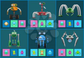 Modern multifunctional robots with detectors and control panels. Industrial robots helpers with powerful antennas isolated vector illustrations set.