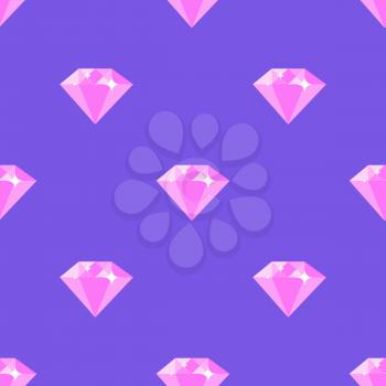 Pink shiny diamonds seamless pattern on purple background. Luxurious expensive precious stone isolated vector illustration.