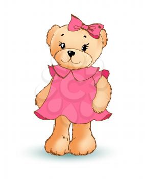 Modest female teddy bear wearing pink dress and bow on its head, shy fluffy toy, poster and image vector illustration isolated on white background
