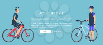 Active lifestyle, web page with bicyclists and smile on faces, text sample and lettering, activities and healthy life, isolated on vector illustration