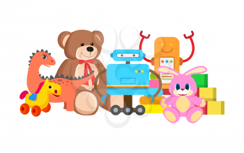 Robots and horse collection of toys, kids toys with teddy bear and bunny with long ears, cubes set vector illustration isolated on white background