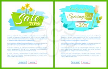 Spring sale web poster with bouquet of daffodils and rose bud, web posters info about discounts vector online banners push buttons read more buy now