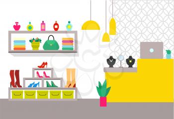 Clothing store and items, counter with laptop and jewellery, bag and perfumery, shoes and plant, mirror and shelves, isolated on vector illustration