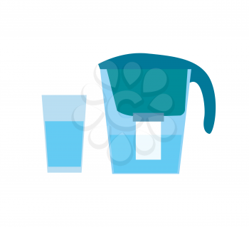 Water filter and glass poster with container and purified liquid and cup good habit of drinking more natural beverages isolated on vector illustration