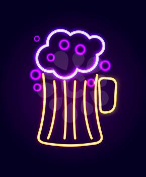 Beer pint with foam neon sign, cup made of glass with alcoholic drink and bubbles, beverage served at pubs and bars, isolated on vector illustration