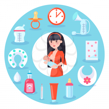 Mother and child breastfeeding, poster with brunette woman and items, clock and bib, tube and cushion with flower, isolated on vector illustration