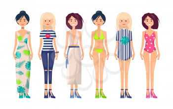 New summer collection of clothing items fashionable girls models vector illustration isolated on white. Couture show of summer vogue, stylish women mode