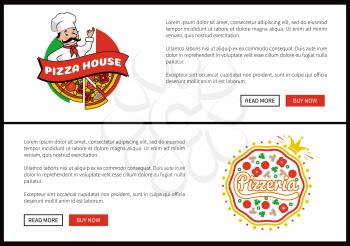 Pizza house promotional Internet page templates with sample text. Modern pizzeria with tasty food online web page with buttons vector illustration.