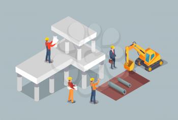 Building process, colorful vector illustration, abstract building site, excavator and various workers, new building carcass, construction management