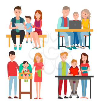 Infant child eating from bowl in baby chair, mother and father on bench, help teenager in doing homework and watch movie together vector illustrations set