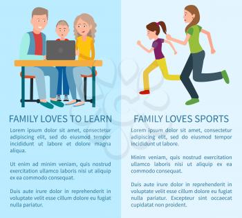 Family loves to learn and sport colorful cards, running mom and her daughter, happy parents with son that working with black laptop, blue text sample