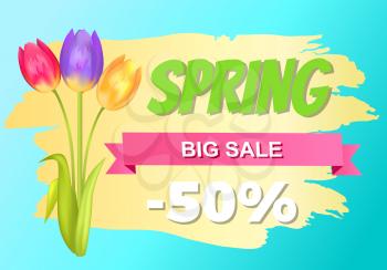 Best discount 50 off advertisement sticker colorful bouquet with three tulips of pink purple and yellow color vector illustration spring collection sale