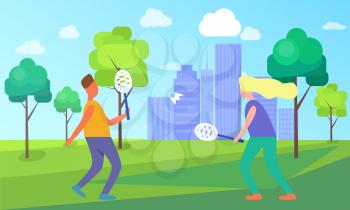 Man and woman playing tennis vector illustration isolated on background of city park. People active sport activities in cartoon style