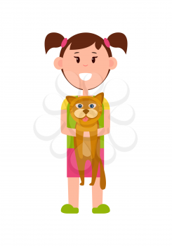 Little girl with ponytails stands and holds cute fluffy cat isolated cartoon flat vector illustration on white background. Child with domestic animal.