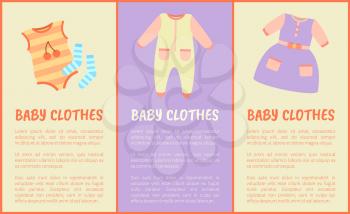 Baby clothes and text sample with headlines, baby clothes collection, dress and jumpers with socks with stripes print, isolated on vector illustration