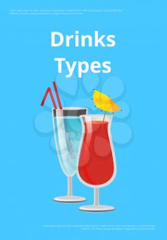 Drink types advertising poster with icons of alcoholic drinks in festive decorated glasses. Vector illustration with beverages on blue background
