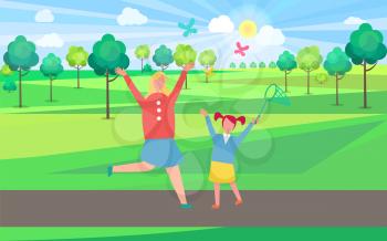 Vigorous mother and her young vibrant daughter chasing and catching colorful butterflies with net in lovely park on sunny day vector illustration