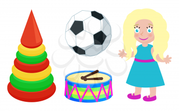 Football ball and doll wearing blue dress, colorful cone and drums with sticks, Christmas toys for kids from Santa Claus factory vector illustration