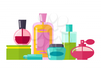 Perfumery collection of bottles made of glass, essential oils and liquids with elegant scant boxes, vector illustration isolated on white background