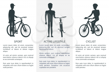 Sport and active lifestyle and cyclist, collection of text samples and headlines with silhouettes of cyclists, vector illustration isolated on white