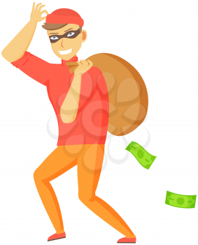 Cartoon thief carrying big money bag. Man walking carefully, bandit carries sack with money. Funny burglar isolated on white. Dangerous criminal insidious cunning thief dressed in dark mask fast