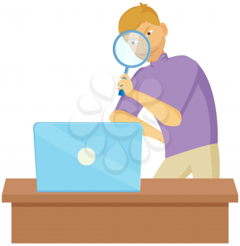 Gesture that boys see magnifying glass. Cunning guy holding loupe, looking for something in laptop, planned something amiss. Young man standing holding magnifier, looking for something and watching