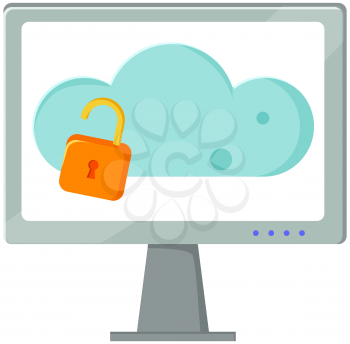 Data protection cloud storage design flat concept. Online storage sign symbol icon with lock. Cloud computing, cloud backup, data network internet web connection. Saving digital information