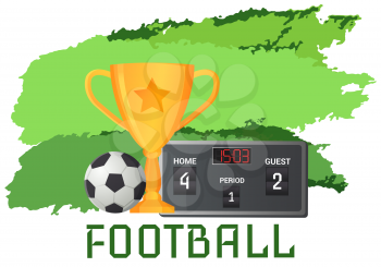 Gold cup near football ball poster of sport game competition, championship cup banner template. Football stadium, prize medal on ribbon with soccer ball and banner with sporting event announcement