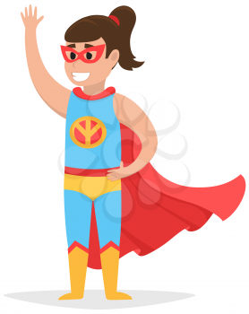 Superwoman smiling, waving hand and has superpowers. Cartoon character in superhero costume with red cloak, mask and emblem stands on white background. Strong person protects people from villains