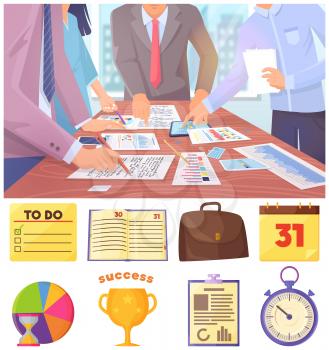 Business meeting in office. Hands write and point fingers at documents and tablet. Golden cup, stopwatch, calendar, notebook, hourglass, pie chart, glider, writing board and satchel business icons