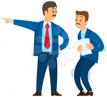 Angry boss shouting to employee. Conflict in office between chief and worker, stressed subordinate. Director scolds scared worker because of mistake, problems at work, fires, kicks him out of work