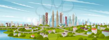 Simple flat style illustration of Kuala Lumpur city in Malaysia and skyline landmarks. Panorama cityscape of middle Kuala Lumpur. Famous buildings and landmarks included Malaysia. City center day time