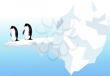 Nature landscape with penguins, icebergs and mountains. Antarctic climate, winter, cold weather. Flightless seabirds living in antarctica. Swimming birds, penguins, marine animals vector illustration