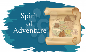 Sea story spirit of adventures and travel poster. Marine cruise and travelling advertising placard with old map with scheme of pirate treasure on sand at depth under water, pacific voyage banner