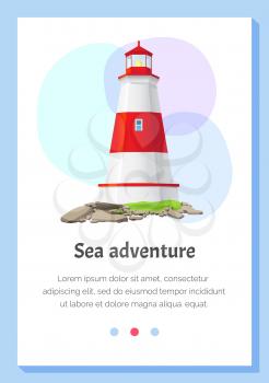 Big red and white lighthouse standing on stones isolated. Large construction of water coast nautical equipment standing on shore. Large lantern illuminates way for ships at night. Sea adventure