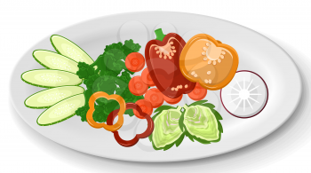 Fresh vegetables on plate. Paprika, carrots, radishes, lettuce and artichoke platter. Healthy dish of fresh food. Dish for restaurant, dishware with food. Assorted fresh natural vegetables on plate