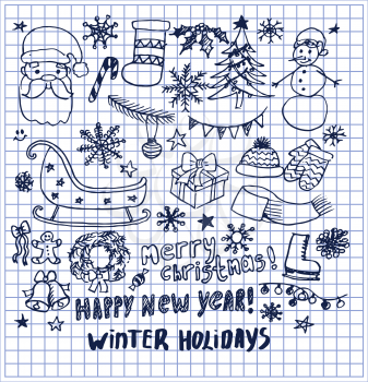 Happy New Year winter holidays hand drawn elements written on checked sheet of paper from copybook vector illustration Christmas symbols isolated icons