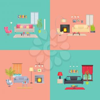 Interior of house collection, fireplace and sofas with cushions, table and carpets, plants and lamps, vector illustration isolated on green background