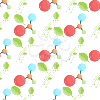 Seamless pattern with molecular structure and green leaves vector illustration isolated on white background. Wallpaper design in environmental safe nature concept