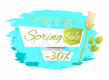 Only today Spring sale -30 off advertisement label rose flower, cute springtime blooming bud on promo emblem isolated on blue brush stroke backdrop