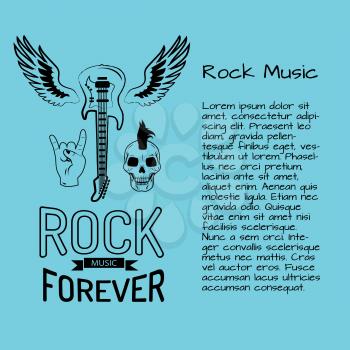Rock music forever colorful poster with flying electric guitar surrounded by skull and sign of horns. Vector illustration of rocks symbols on blue background