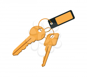 Keys in keyring with label, poster with thing opening doors, objects small piece of metal, vector illustration, isolated on white background