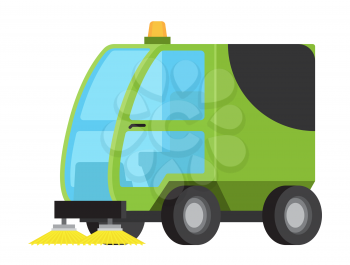 Green sweeping machine flat vector icon isolated on white background. Industrial machinery for streets cleaning. Small road sweeping vehicle illustration